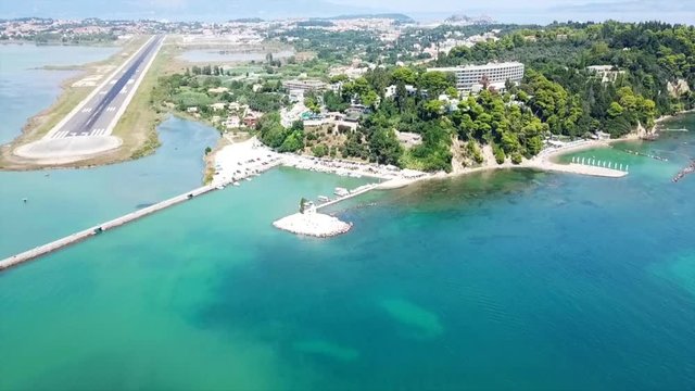 Aerial drone bird's eye view video of famous area of Kanoni near iconic Pontikonissi and airport of Corfu island, Ionian ,Greece