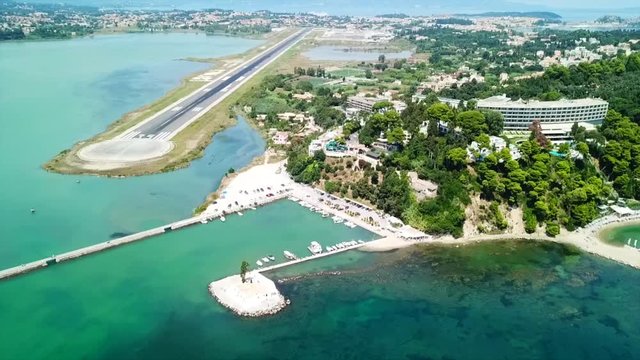Aerial drone bird's eye view video of famous area of Kanoni near iconic Pontikonissi and airport of Corfu island, Ionian ,Greece