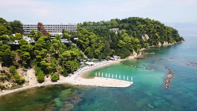 Aerial drone bird's eye view video of famous area of Kanoni near iconic Pontikonissi and airport of Corfu island, Ionian ,Greece