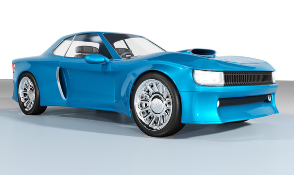 Racing car. A sports automobile with a blue body. 3d illustration
