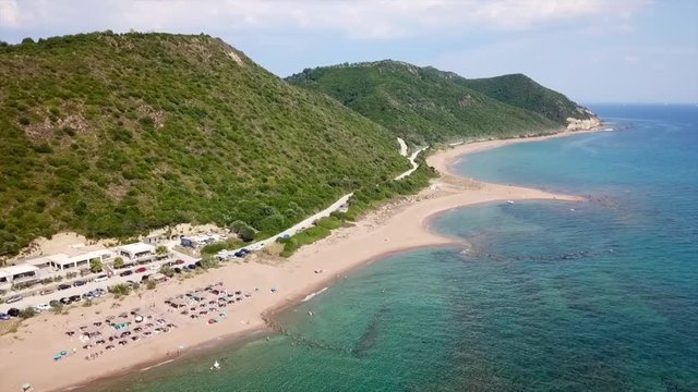 Aerial drone video of iconic lake of Korission a natural preserve and beach of Halikounas, Corfu island, Ionian, Greece