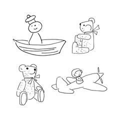 doodle toys, toys simple coloring page, children's drawing toys, bear, sailor, plane, set of cartoon toys, black and white linear vector illustration isolated on white background