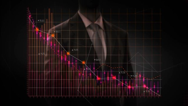 Businessman moves finger up, various animated Stock Market charts and graphs. decrease red line. 4k animation.