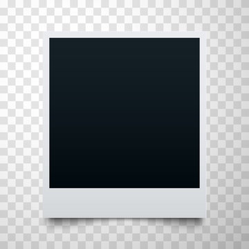 Black empty realistic photo frame on transparent background. Polaroid border or instant photo template.