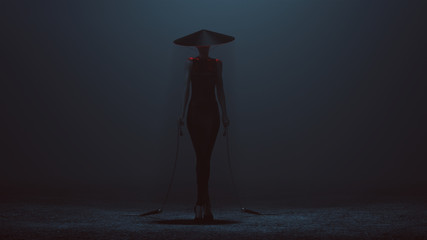 Futuristic Demon Assassin in a Tight Dress and Conical Hat with a Weighted Chain Sickle 3d illustration 3d render  - obrazy, fototapety, plakaty