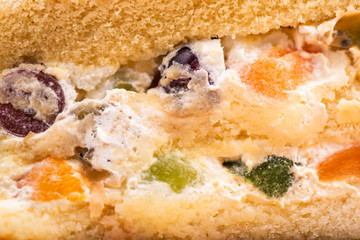Close up layer of fruits cake use as texture or background.