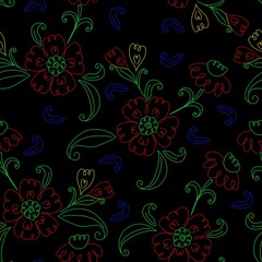 Fototapeta na wymiar Modern dark pattern with colorful flower drawings. Hand drawn seamless vector pattern, black background. Basic colors floral elements in yellow, red, green and blue. Neon lights illusion. 