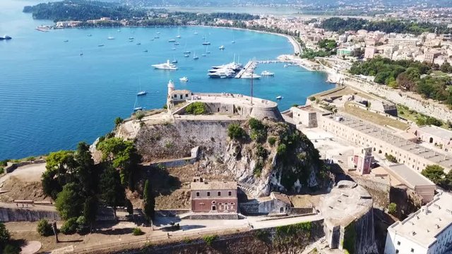 Aerial drone photo of iconic and historical center of old Corfu town an UNESCO world heritage site, Kerkyra island, Greece