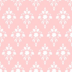 Monochromatic damask pattern, hand drawn floral elements on pink background. Seamless vector repeat pattern. 