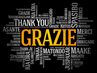 Grazie (Thank You in Italian) word cloud background in different languages