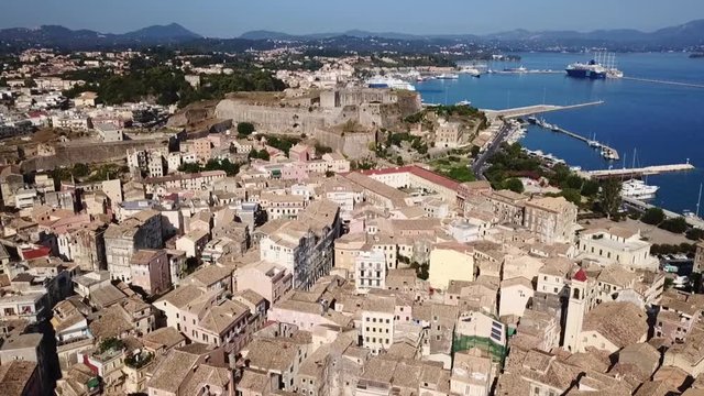 Aerial drone photo of iconic and historical center of old Corfu town an UNESCO world heritage site, Kerkyra island, Greece