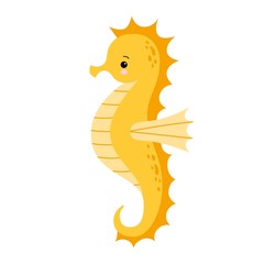 Cute cartoon yellow Sea horse isolated. Seahorse on a white background, vector illustration.