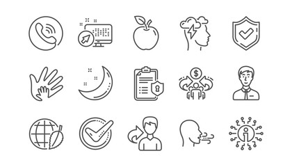 Check mark, Sharing economy and Mindfulness stress line icons. Privacy Policy, Social Responsibility. Linear icon set.  Vector