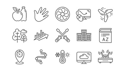 Timeline path, Fan engine and Profits chart line icons. Jet turbine, Wind energy and Cloud services. Linear icon set.  Vector