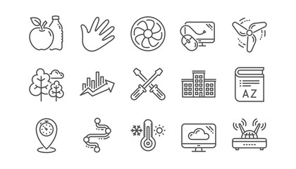 Timeline path, Fan engine and Profits chart line icons. Jet turbine, Wind energy and Cloud services. Linear icon set. Vector