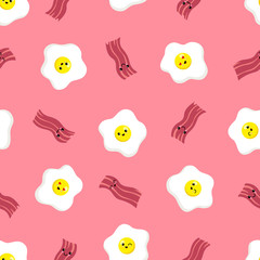 Kawaii eggs and bacon seamless pattern. vector background