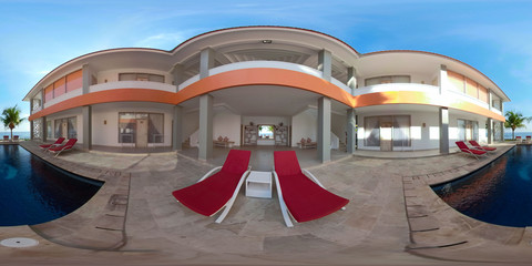 vr 360 swimming pool in luxury hotel with sun beds by sea. tropical resort with pool. Travel...