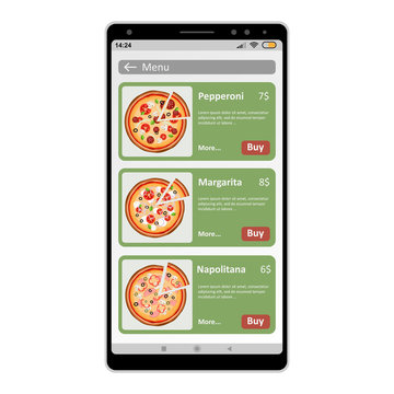 Ordering pizza online using a phone on a white background.