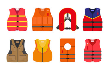 et of 8 life jackets. vector illustration - obrazy, fototapety, plakaty