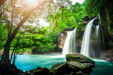Beauty in nature, amazing waterfall at tropical forest of national park, Thailand. Haew Suwat waterfall. 