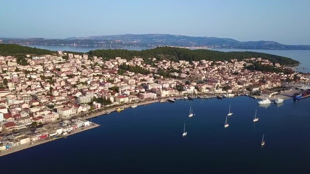 Aerial drone video of Argostoli, famous city and capital of Cefalonia island at dawn, Ionian, Greece