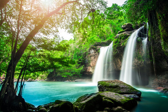 Fototapeta Beauty in nature, amazing waterfall at tropical forest of national park, Thailand. Haew Suwat waterfall. 