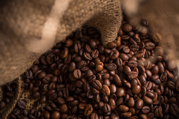 Coffee beans in jute bag.