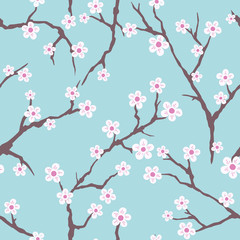 Hand Drawn Vector illustration seamless pattern tree Japanese cherry blossom, blue background