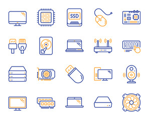 Computer components, Laptop, SSD line icons. Motherboard, CPU, Internet cables icons. Wifi router, computer monitor, Graphic card. Keyboard, SSD device. Internet cables, laptop components. Vector