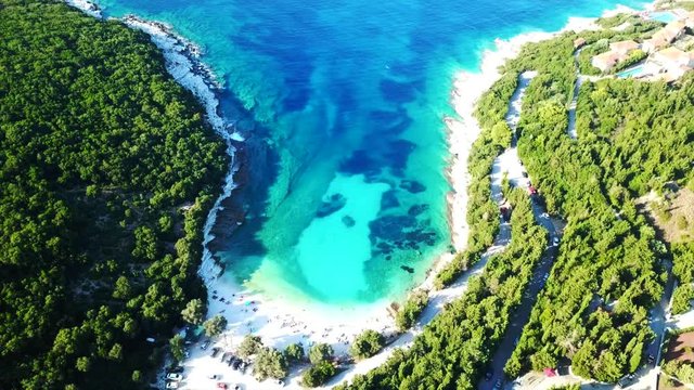 Aerial drone video of tropical paradise turquoise beach in mediterranean destination