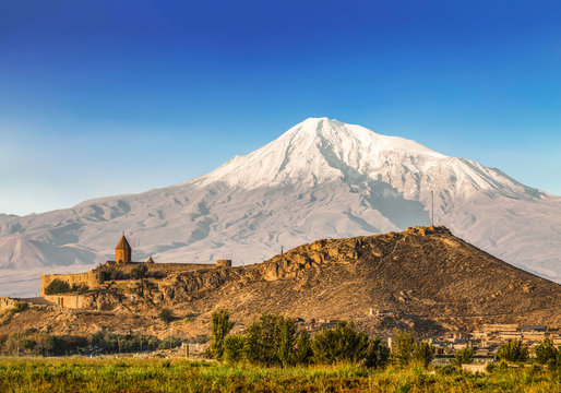 View of mount Ararat and the monastery of Khor Virap from Armenia