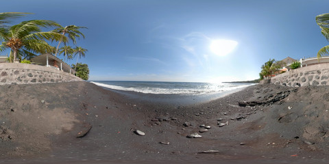 vr 360 tropical beach with black volcanic sand in Asian resort. seascape surf with beach travel concept