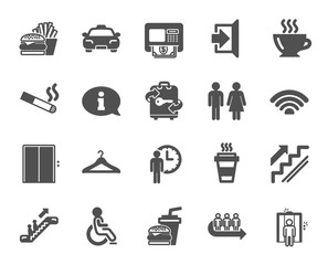 Public Services, Wifi icons. Elevator, Cloakroom and Taxi icons. Exit, ATM and Escalator. Wifi, Lift or elevator, Restaurant food. Public cloakroom, information, coffee and smoking. Vector