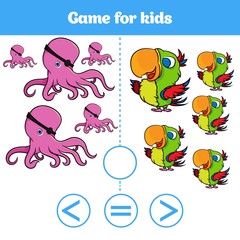 Fototapeta premium Education logic game for preschool kids. Choose the correct answer. More, less or equal Vector illustration
