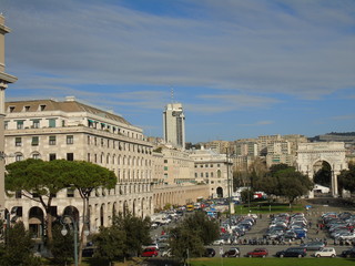 Obraz premium An amazing views of the pld station of Genoa in autumn with a great blue sky and some old parts of the city