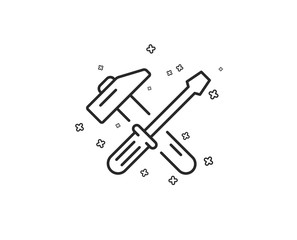 Hammer and screwdriver line icon. Repair service sign. Fix instruments symbol. Geometric shapes. Random cross elements. Linear Hammer tool icon design. Vector