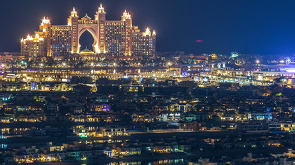 Aerial view of Palm Jumeirah Island night timelapse.