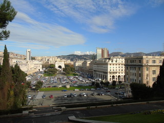  An amazing views of the pld station of Genoa in autumn with a great blue sky and some old parts of the city