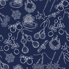 Jewelry, fashion vector illustration, coloring book for children and adults, handmade, seamless pattern, black background