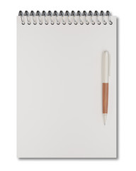 Empty notepad (sketch book) with pen isolated on white background