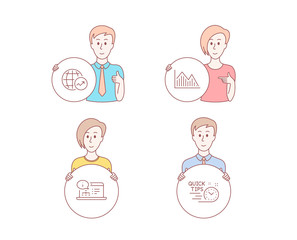 People hand drawn style. Set of Online documentation, Investment graph and World statistics icons. Quick tips sign. Web engineering, Investment infochart, Global report. Helpful tricks. Vector