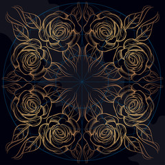 Elegant golden round element of stylized flowers with smooth lines. Abstract decorative floral pattern.