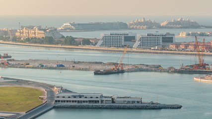 Aerial view of Palm Jumeirah Island timelapse.