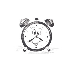 Funny character alarm clock, clock, drawn by hand, isolated on white background