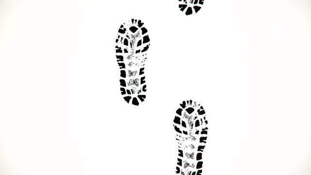 Shoe marks on white background. Abstract animation of walking in front of black boot prints on white background