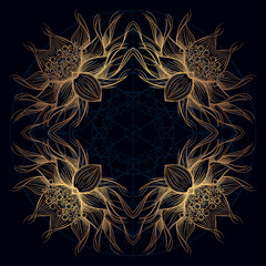 Elegant golden round element of stylized flowers with smooth lines. Abstract decorative floral pattern.