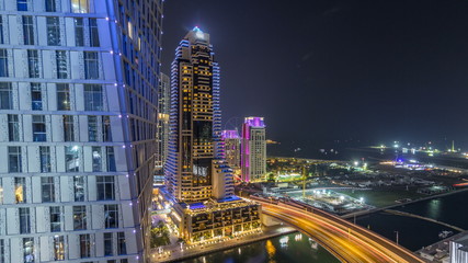 JBR and Dubai marina aerial night timelapse