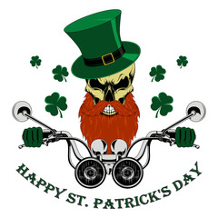Skull with a beard and mustache in a green hat driving a motorcycle. Congratulations on the day of St. Patrick.
