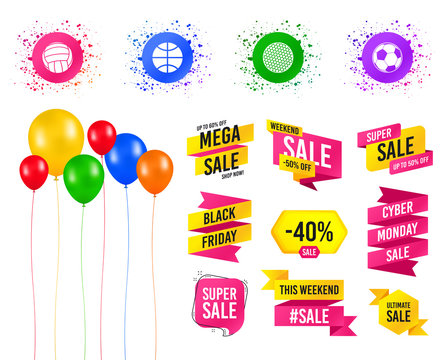 Balloons party. Sales banners. Sport balls icons. Volleyball, Basketball, Soccer and Golf signs. Team sport games. Birthday event. Trendy design. Vector