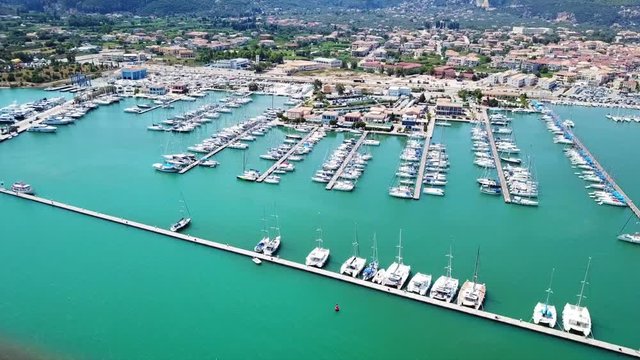 Aerial drone bird's eye view video from popular and picturesque main town of Lefkada island, Ionian, Greece